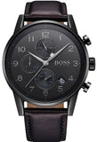 Hugo Boss Navigator Chronograph Black Dial Black Leather Strap Watch for Men - 1513497