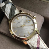 Burberry The City Gold Dial Haymarket Brown Leather Strap Watch for Women - BU9026