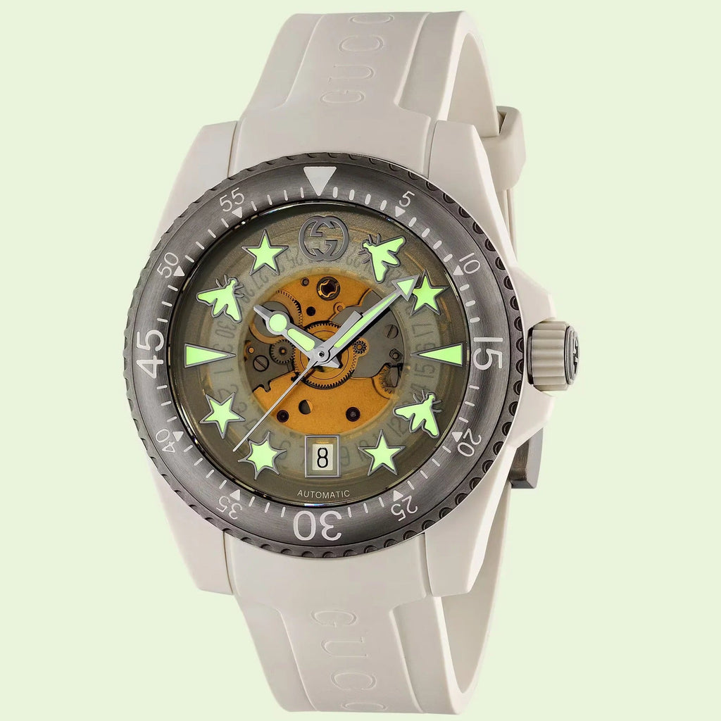 Gucci Dive Automatic Transparent Dial White Rubber Strap Watch For Men - YA136343