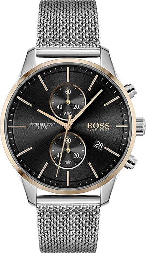 Hugo Boss Associate Chronograph Black Dial Silver Mesh Bracelet Watch for Men - 1513805