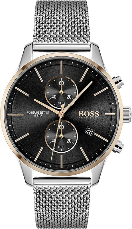 Hugo Boss Associate Chronograph Black Dial Silver Mesh Bracelet Watch for Men - 1513805