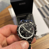 Hugo Boss Globetrotter Chronograph Black Dial Black Leather Strap Watch for Men - 1513864