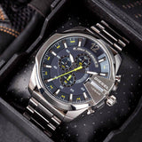 Diesel Mega Chief Chronograph Blue Dial Silver Steel Strap Watch For Men - DZ4465
