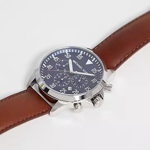Michael Kors Gage Chronograph Blue Dial Brown Leather Strap Watch For Men - MK8362