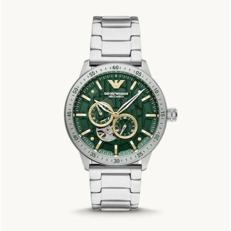 Emporio Armani Meccanico Automatic Green Dial Silver Steel Strap Watch For Men - AR60053
