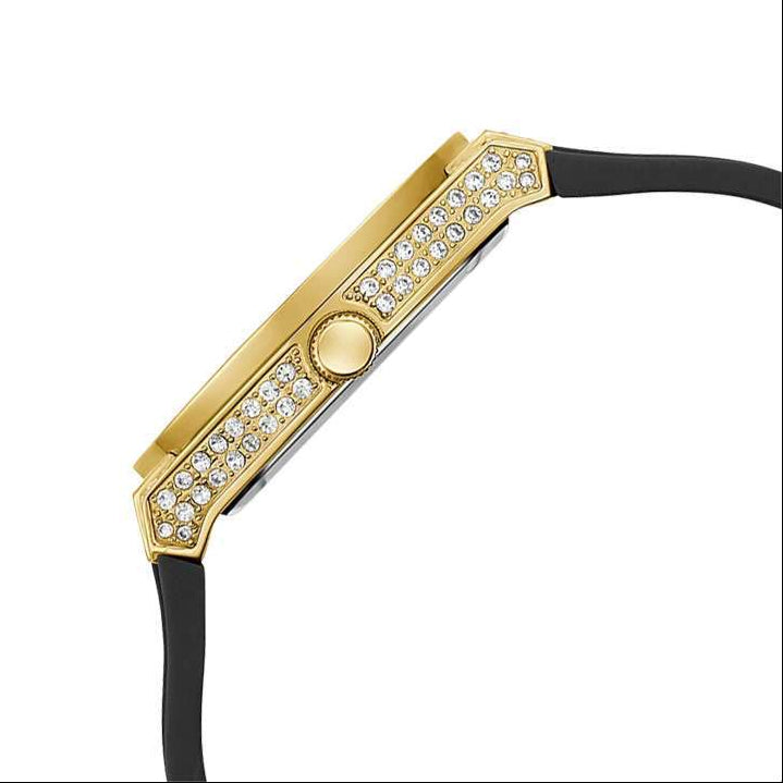 Guess Princess Crystals Gold Dial Black Silicone Strap Watch For Women - GW0439L2