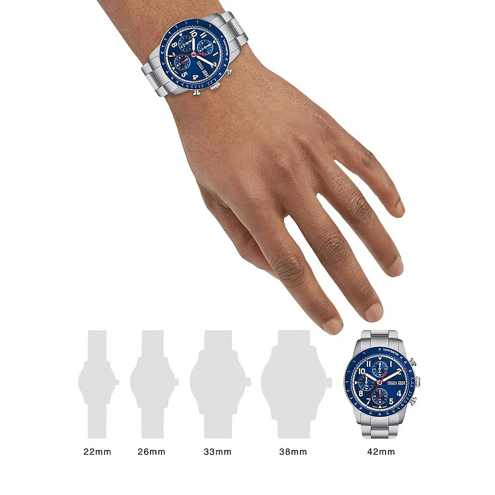 Fossil Sport Tourer Chronograph Blue Dial Silver Steel Strap Watch for Men - FS6047