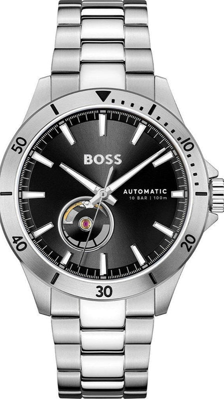 Hugo Boss Troper Chronograph Automatic Black Dial Silver Steel Strap Watch for Men - 1514202