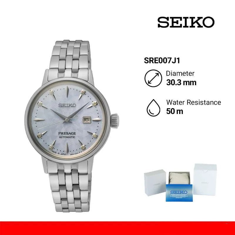 Seiko Presage Cocktail Time Automatic Skydiving Diamonds Blue Dial Silver Steel Strap Watch for Women - SRE007J1
