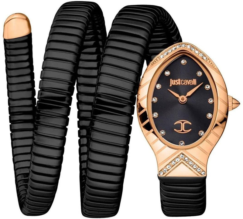 Just Cavalli Serpente Metallica Diamonds Black Dial Black Steel Strap Watch for Women - JC1L208M0085