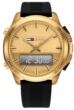Tommy Hilfiger Jeans Digital Analog Gold Dial Black Rubber Strap Watch For Women  - 1791762